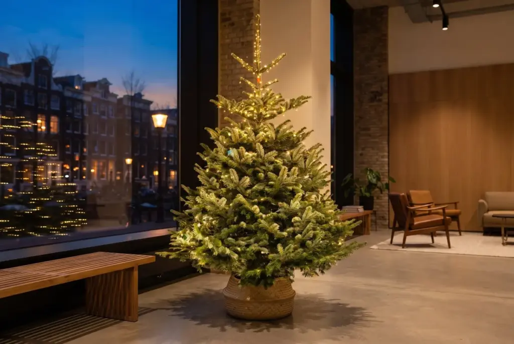 Volle Nordmann met warm witte ledverlichting in een kantoorentree